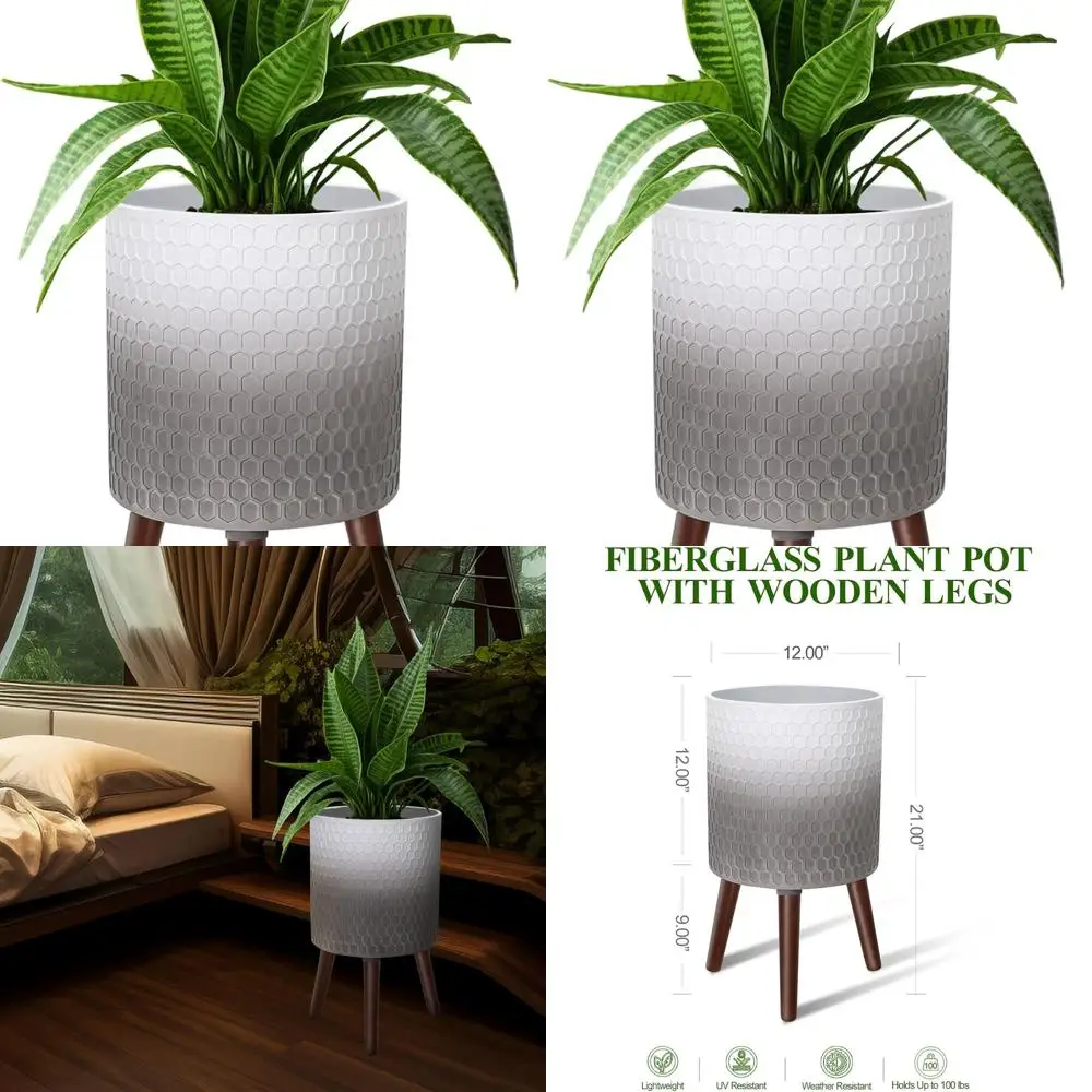 

12 Modern Honeycomb Walnut Stand Planter - White Gray Gradient with Drainage for Large Indoor Plants