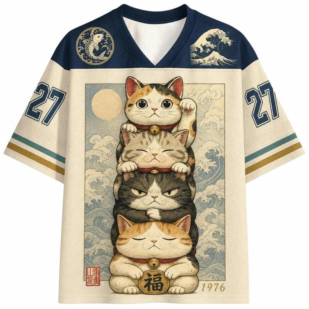 Summer Fashion New Design Japanese Fun Casual Good Luck Cat 3D Print Men Women's V-Neck Sports TShirt Street Y2K Family Clothing