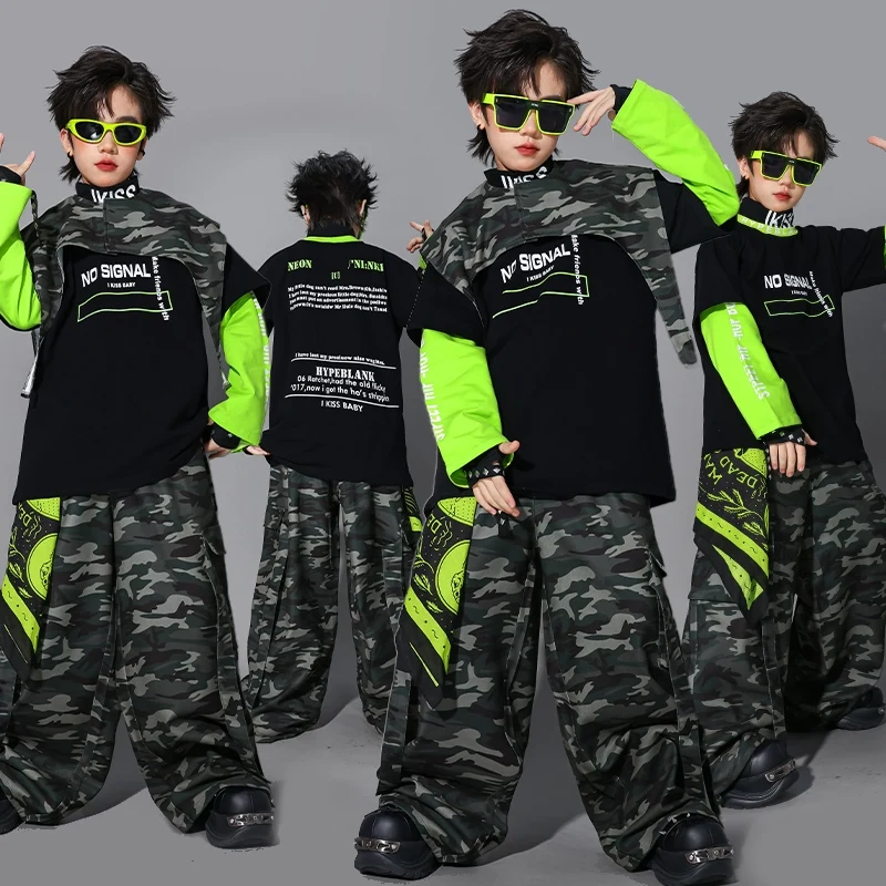Jongens Hip Hop Kostuum Jazzdans Outfit Groen Zwart Top Camouflage Broek Kinderen Prestaties Outfit Street Dance Kleding 2536
