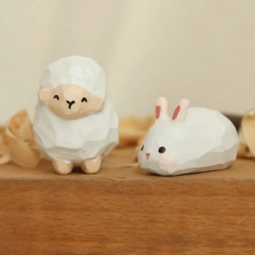 

Home Decoration Wooden Carving Cat Ornament Sheep Dog Animals Ornament Cute Cartoon Small Rabbit Model Kids