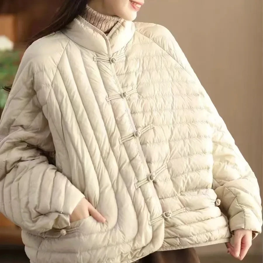 

Winter 90% White Duck Down Jacket Chinese Style Light Winter Down Jacket Stand Collar Loose Warm Parkas Coat Oversize Coat