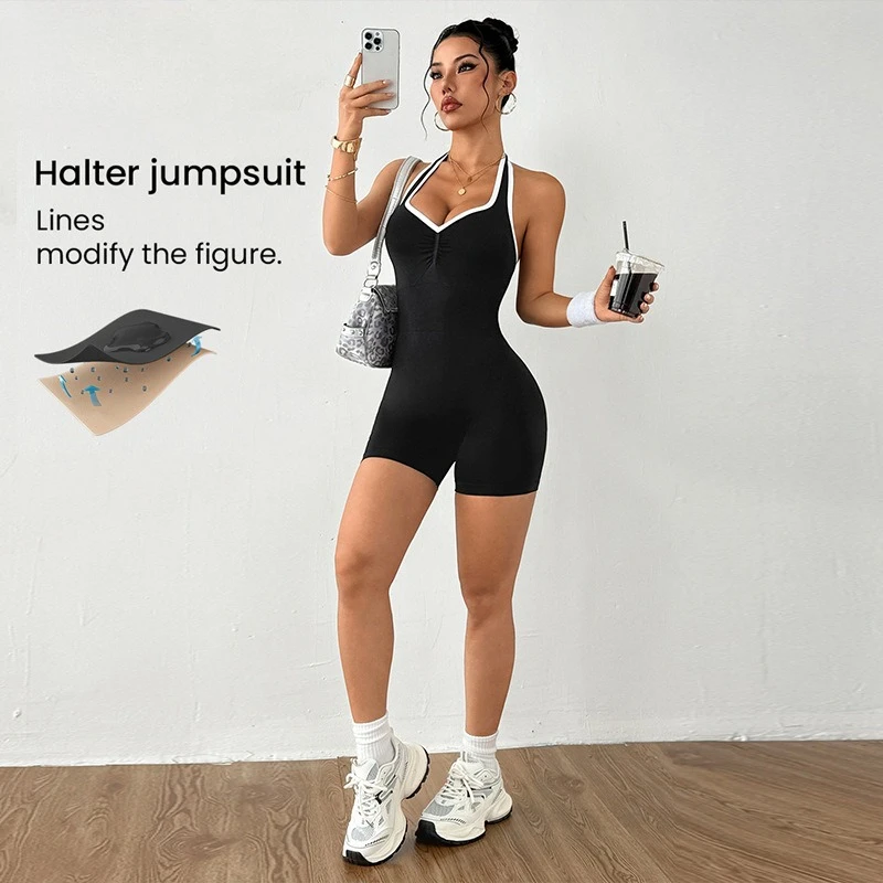 

Women's Neck Hanging One-piece Beautiful Back Yoga Suit with Peach Buttocks and Peach Heart Collar Fitness Jumpsuit Shorts