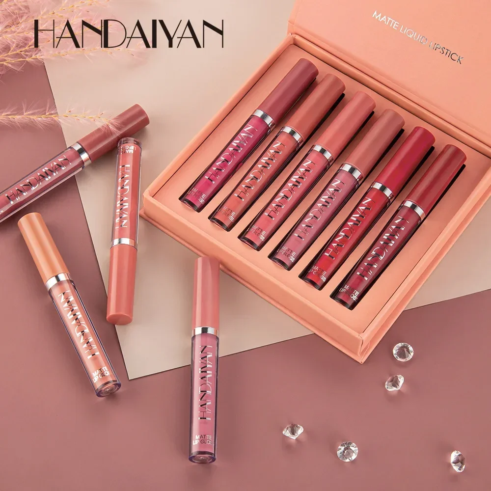 HANDAIYAN-Brilho Labial Fosco Impermeável, De Longa Duração, Copo Antiaderente, Batom Líquido, Caixa de Presente, Cosméticos, Maquiagem, Conjunto de 6Pcs