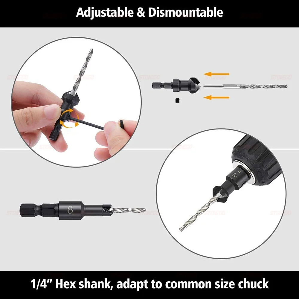 STONEGO 4Pcs HSS Hex Shank Conical Countersink Drill Bits - Woodworking Hole Openers, #6/#10/#13/#16