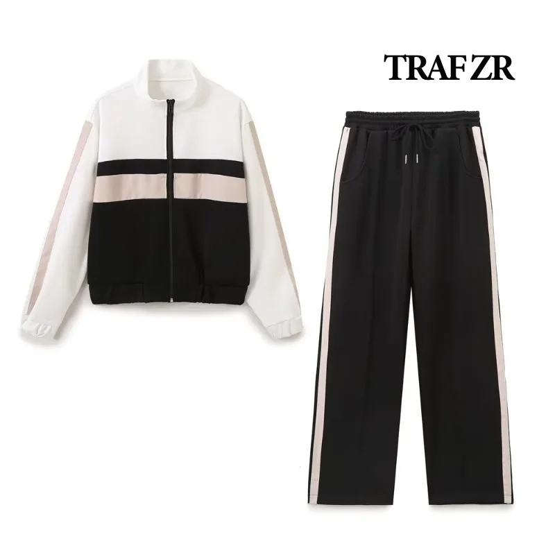 TRAF ZR Patchwork Set Woman Two Pieces Casual Elegant Long Sleeve Sets Sporty Pants Sets Holiday Outfits Womens Y2k Outfit Set