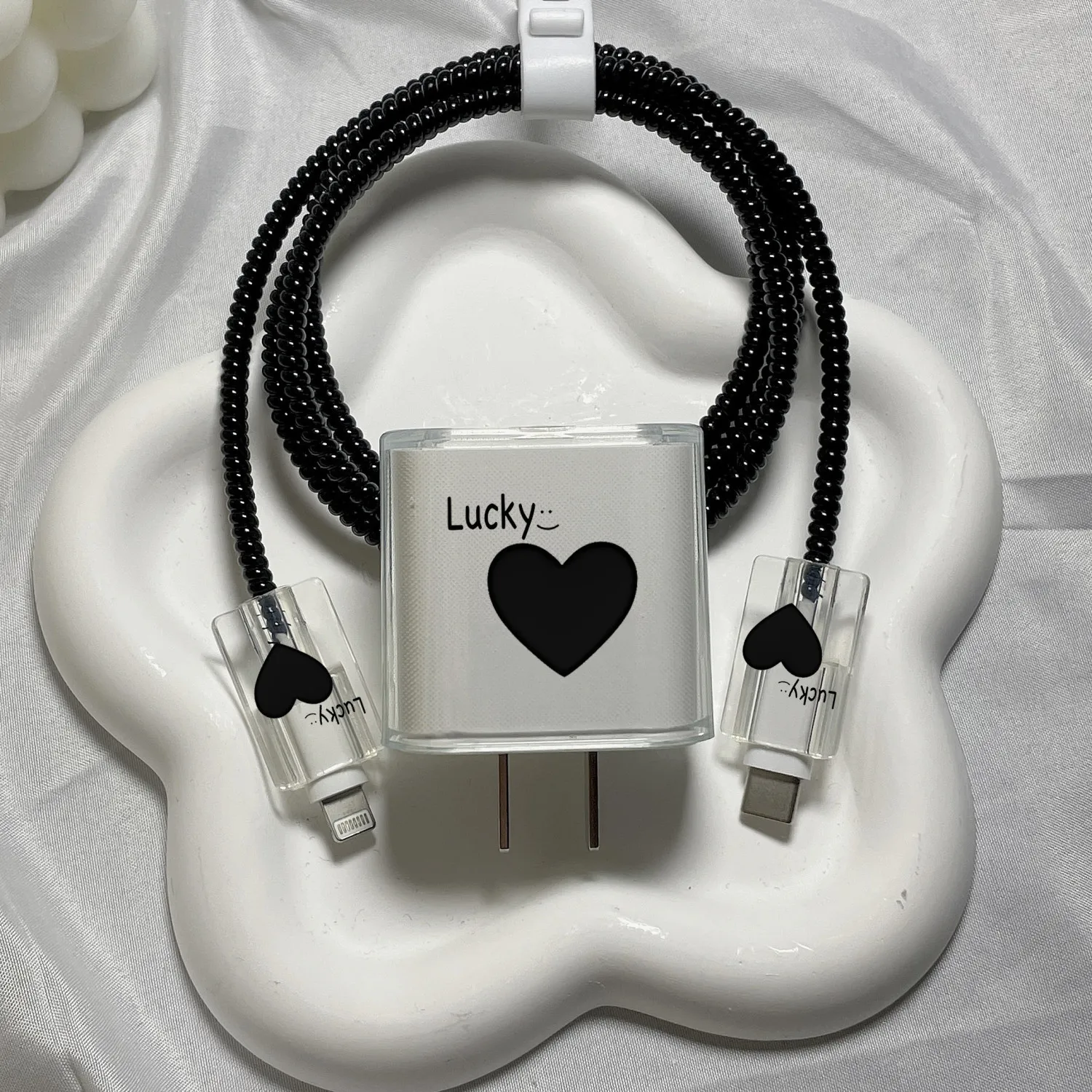 lucky black heart For Apple 13 Data Cable Protection Case 14 Plus Suitable for 12 Fast Charging 18w/20W Charger Head