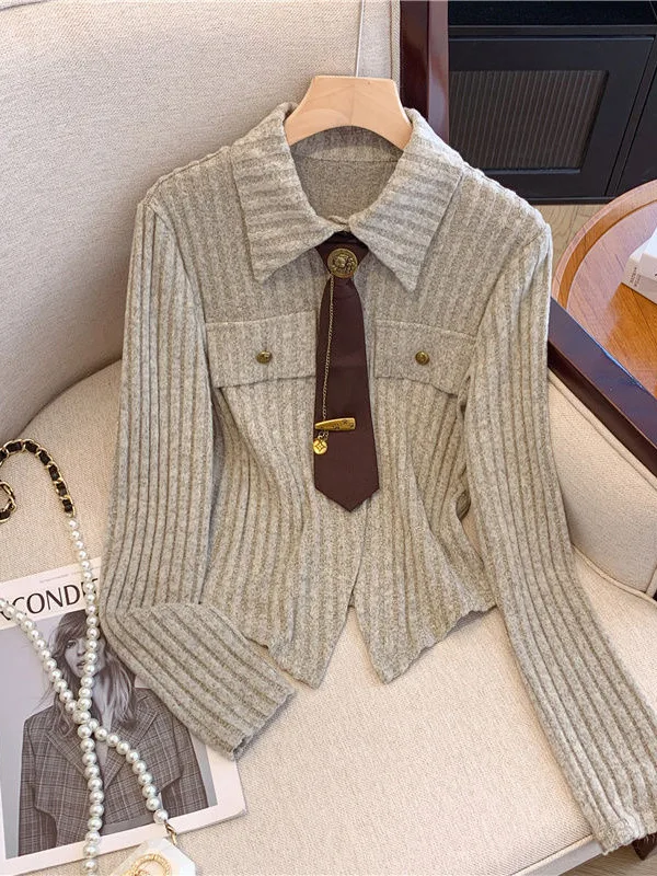 

Irregular Long Sve Knitted irt Women's Spring Autumn Design Collar Ele Tie Top Korean Sle Slim Fit Commute Wind