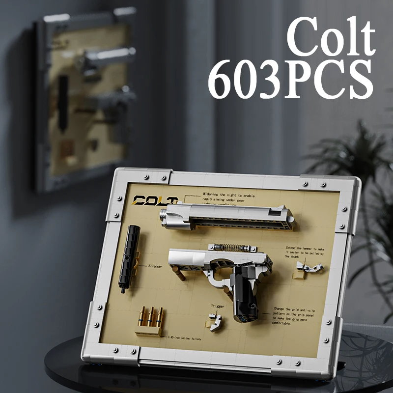 

603 шт., пистолет Colt, декоративная живопись, строительные блоки, наборы игрушек, креативные украшения, пистолет, кирпичи, игрушки, идеальные подарки на день рождения и праздник