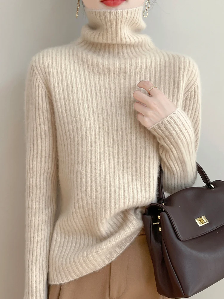 Ropa de otoño e invierno, jersey cálido suave y cómodo de lana 100% con cuello alto sin sensación de presión, ropa femenina, Tops
