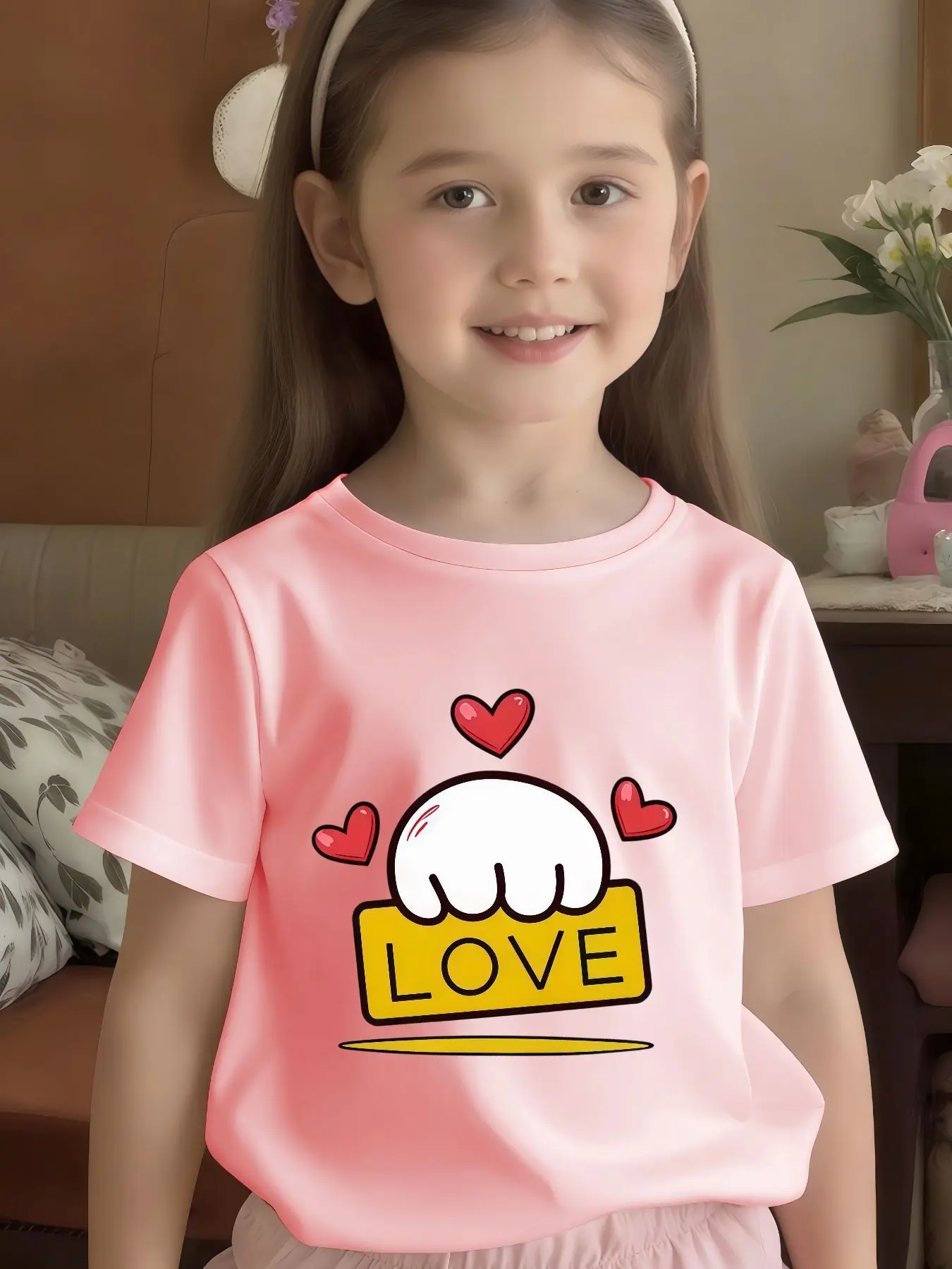 Cartoon Hand Love Heart Letter Print Kids T Shirt Boys Girls Family Match Cotton Short Sleeve Summer Children Casual Basic Wear