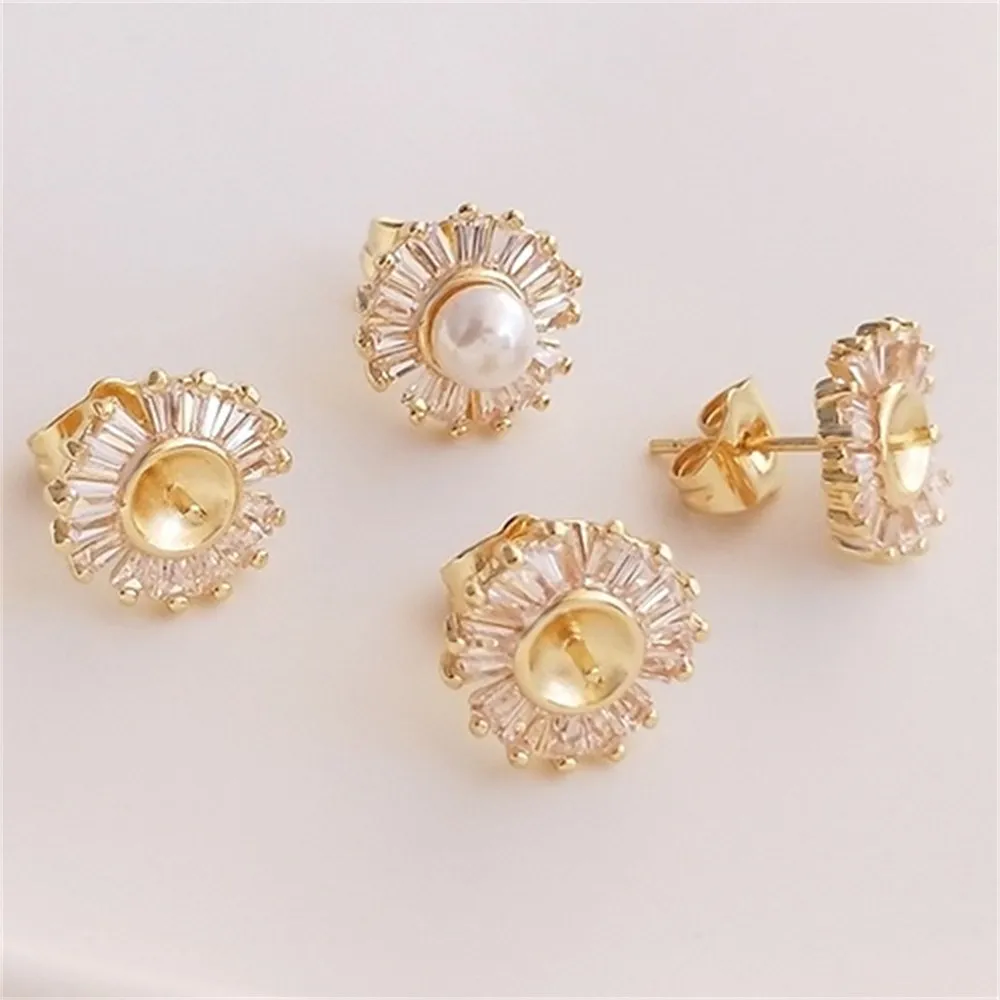 

14K Gold-plated Zircon Lace Half Hole Pearl Earrings 925 Silver Needle DIY Pearl Earrings Accessories E179