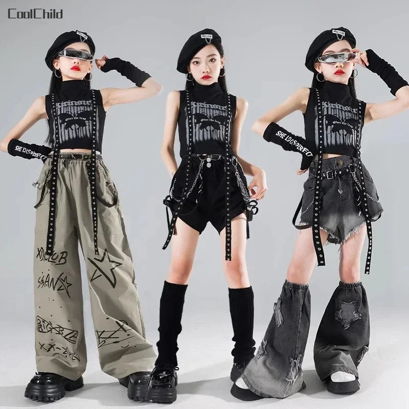 

Girls Hip Hop Crop Tank Top Joggers Pants Kid Summer Denim Hot Shorts Street Dance Clothes Set Children Cool Short Jeans Costume