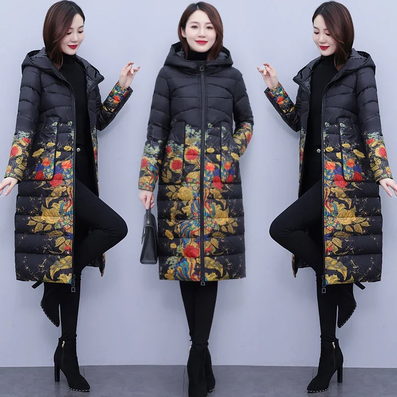 2023 Winter Fall Women Printed Floral Pattern Warm Padded White Duck Down Long Coat , Woman Purple Black 6xl Coat with A Hood