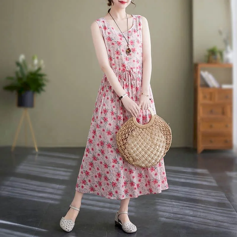 Women Dresses Cotton Linen Summer Vintage Pink Printed Sleeveless A-line Loose Korean Style Mid-Calf Dress for Women Clothing