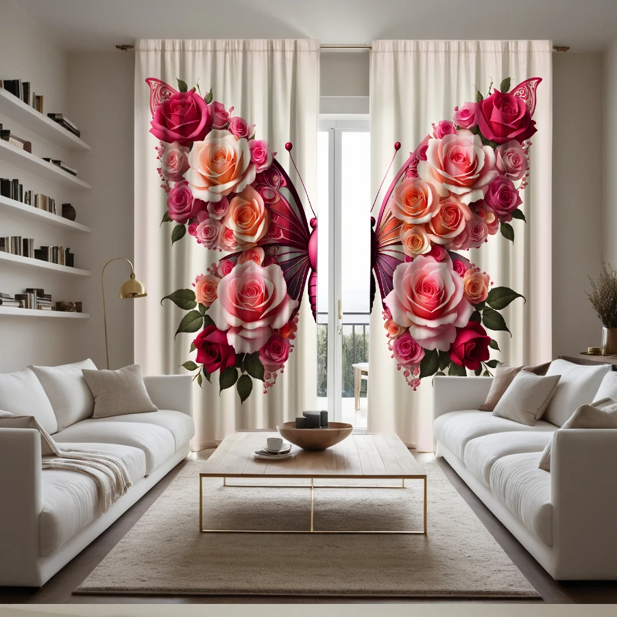 2PCS Digital Print Curtains, Butterfly Shaped Roses, Unique Floral Insect Decor Creative Nature Fusion Living Room Drapes