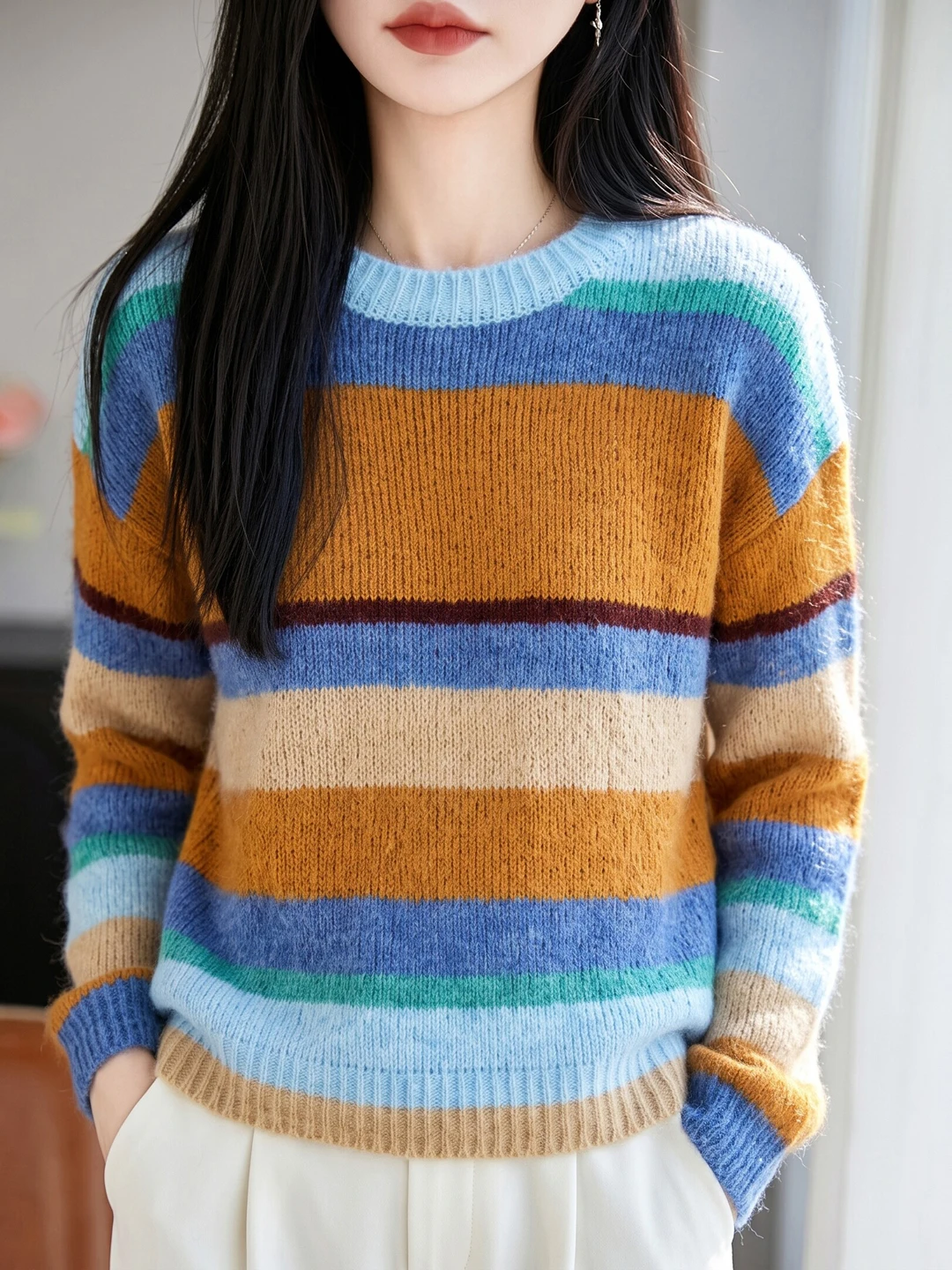 Rainbow Stripes Knitted Sweater Women's round Neck Loose Slim Fit Overhead Orange Sunset Versatile Women's Fashion Top