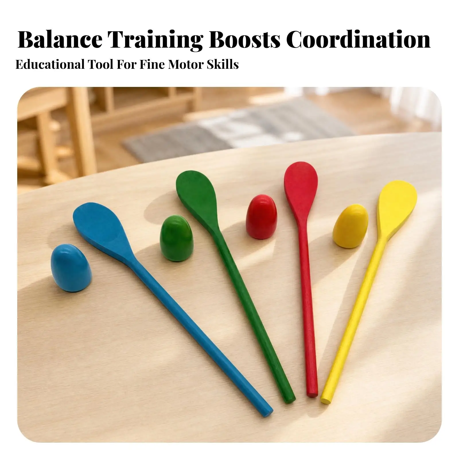 Kids Wooden Balance Spoon Toy with Colorful Ball for Hand Eye Coordination and Focus Building