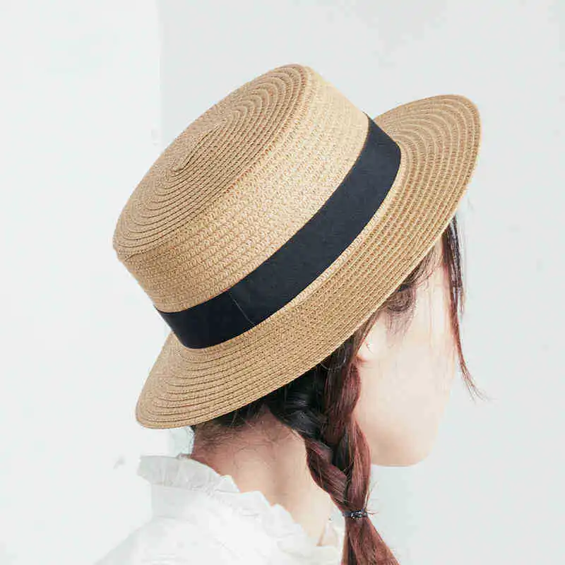 Simple Solid Color Handmade Straw Hats For Women\'s Summer Beach Sunshade Bucket Hat Autumn Retro Panama Flat Top Hat