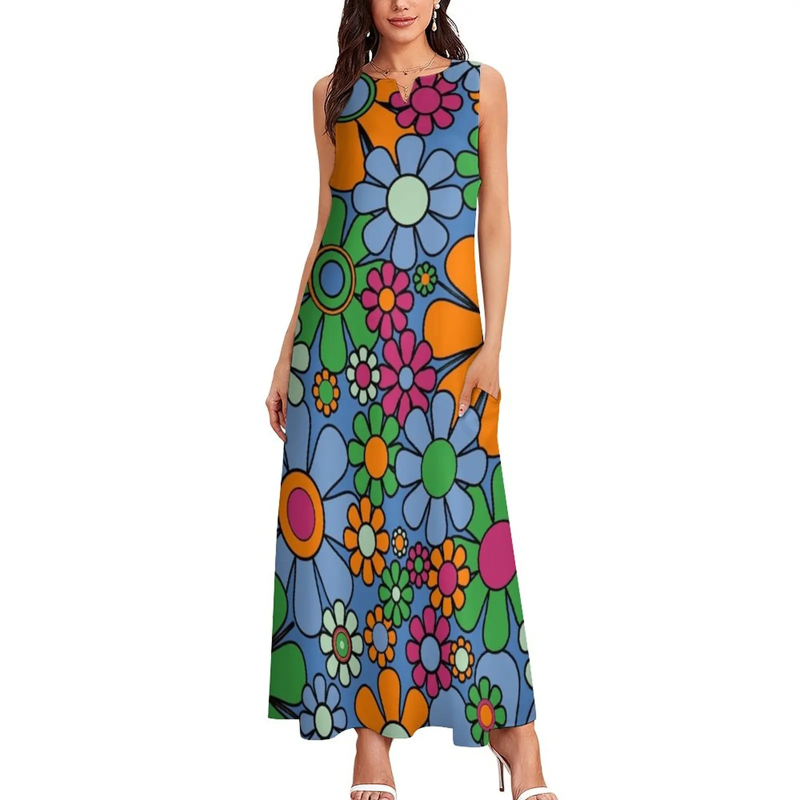 Retro Garden Flowers Colorful 60s 70s Spring Floral Pattern Blue Orange Green Raspberry Pink Long Dress bandage dress