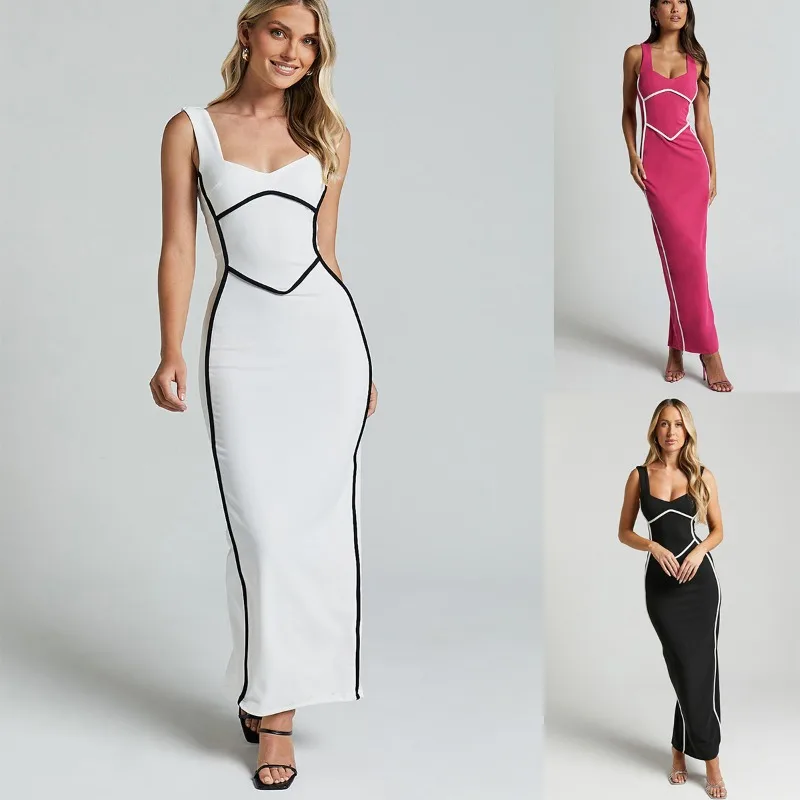 

Luxury Patchwork Long Dress Women's Sexy Camisole Pencil Dresses Skinny Bodycon Dress White Black Birthday Dress for Women