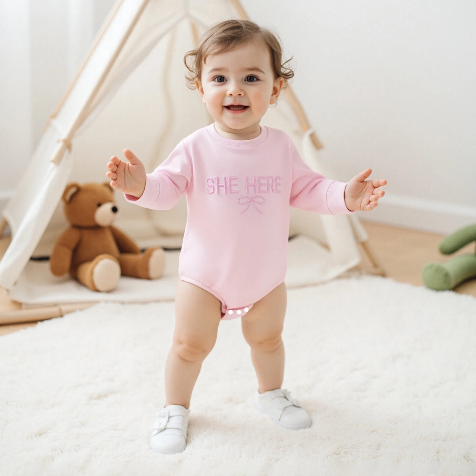 

Комбинезон с пузырьками для маленьких девочек, комбинезон с длинными рукавами и круглым вырезом с буквенным бантом и вышивкой для осенне-весенних сезонов