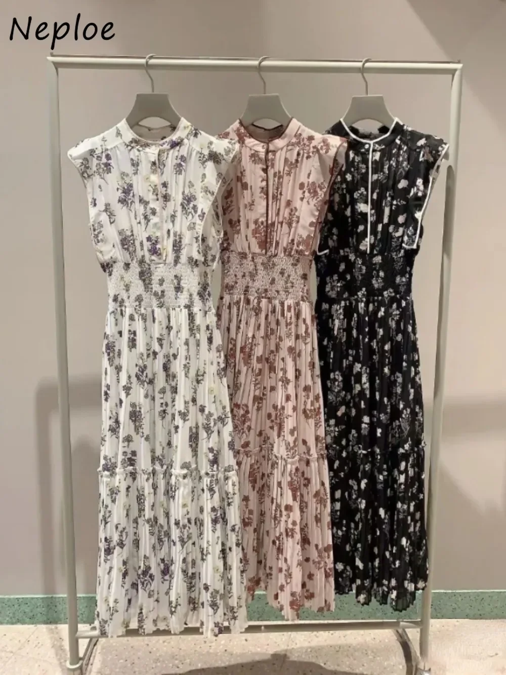 

Neploe New Sweet O Neck Flying Sleeve Print Dress Pleated Patchwork Panelled High Waist Robe Japan Casual Mid-length Vestidos