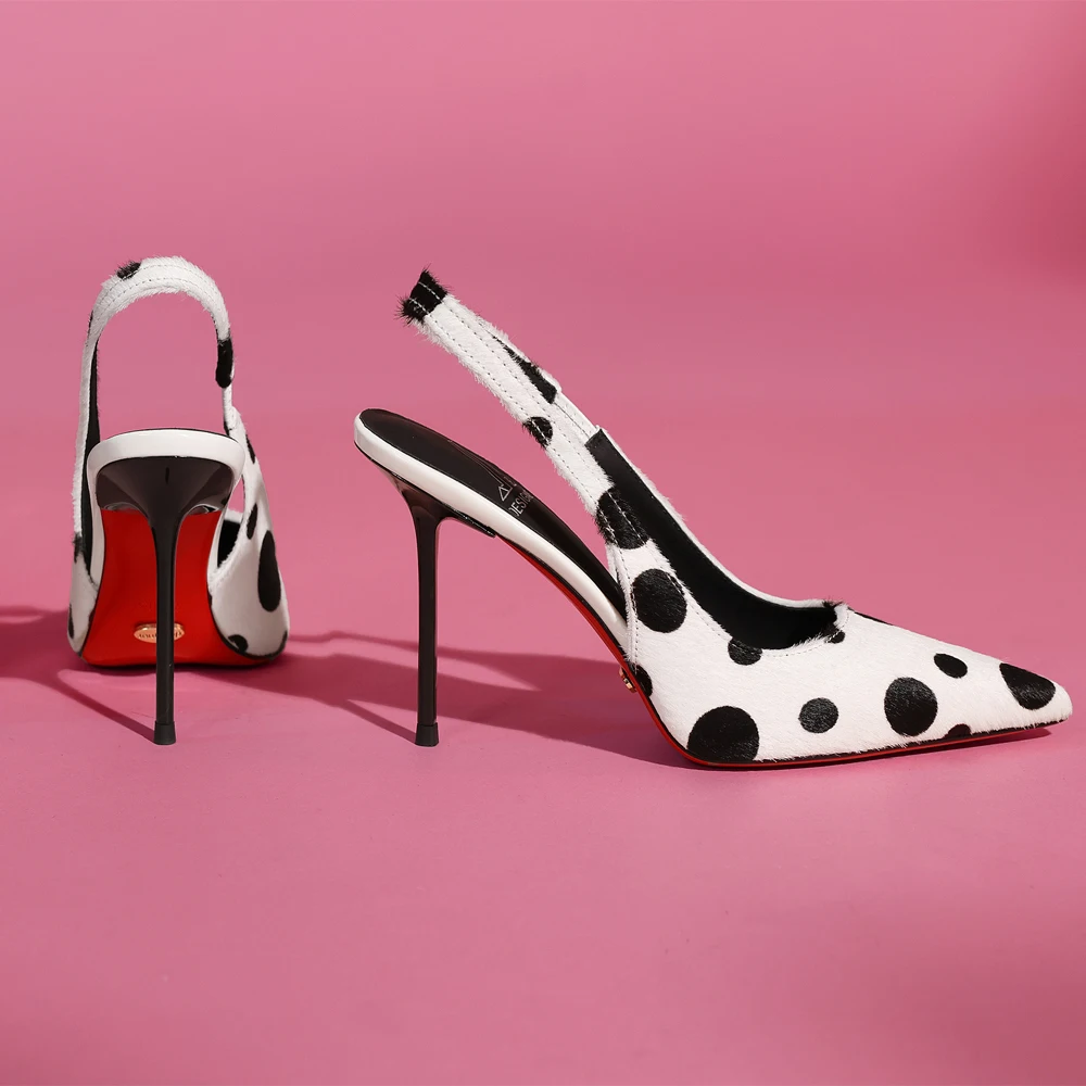 

Genuine Leather Horsehair Womens Shoes,Pointed Toe Slingback High Heels,Polka Dot Stiletto Women Sandals,Fashion Women's Pumps