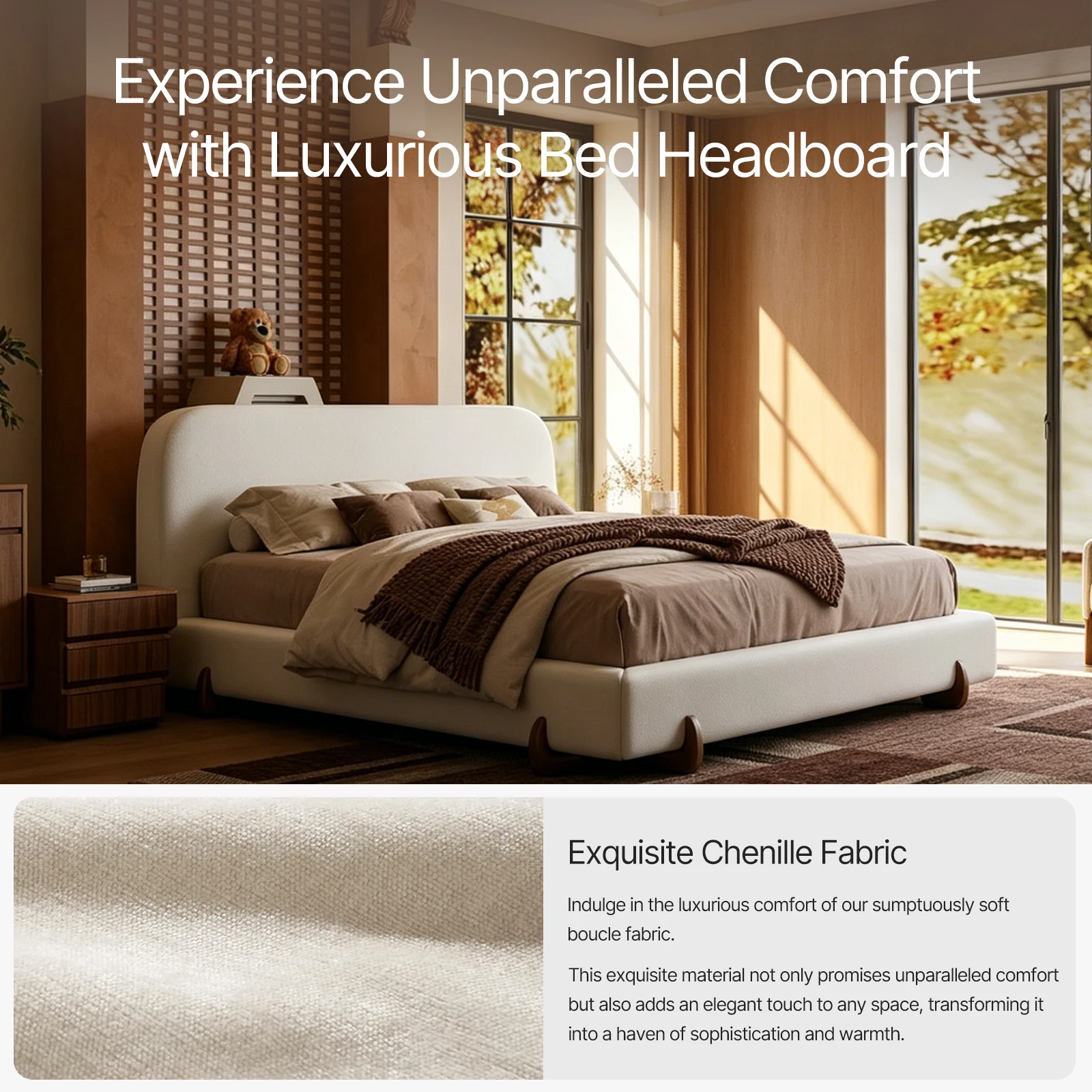 King Size Cloud Bed Frame, White Upholstered Platform Bed Frame with Soft Headboard, Wood Solid Legs, No Box Spring Required, Easy Assembly - view 4