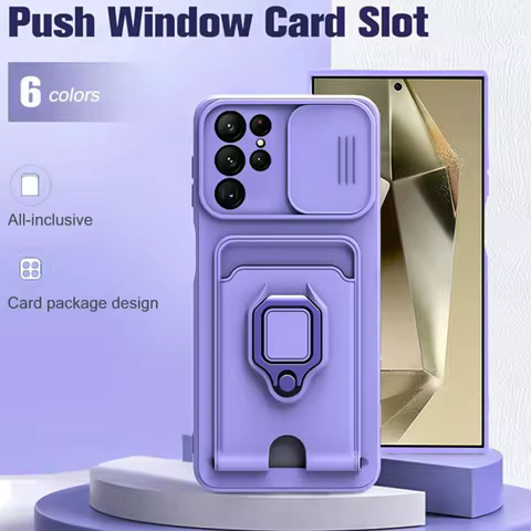 Luxury Push Window Card Slot Case For Samsung Galaxy S24 Ultra S23 Plus S22 S23 FE S21 S20 FE Ring Holder Magnetic Phone Cover