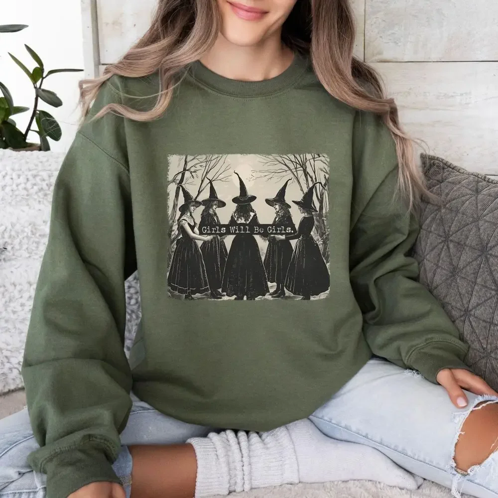 

Vintage Girls Will Be Girls Halloween Witch Comfort Funny Sweatshirt Women Basic Tops Loose Vintage Pullovers Fleece Sweatshirts