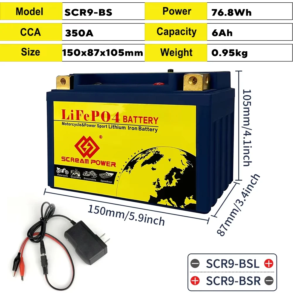 9-BS Motorcycle Battery LiFePO4 Scooter Starter Battery 12.8V 6Ah  CCA 350A Built in BMS Lithium Iron Phosphate Maintenance free