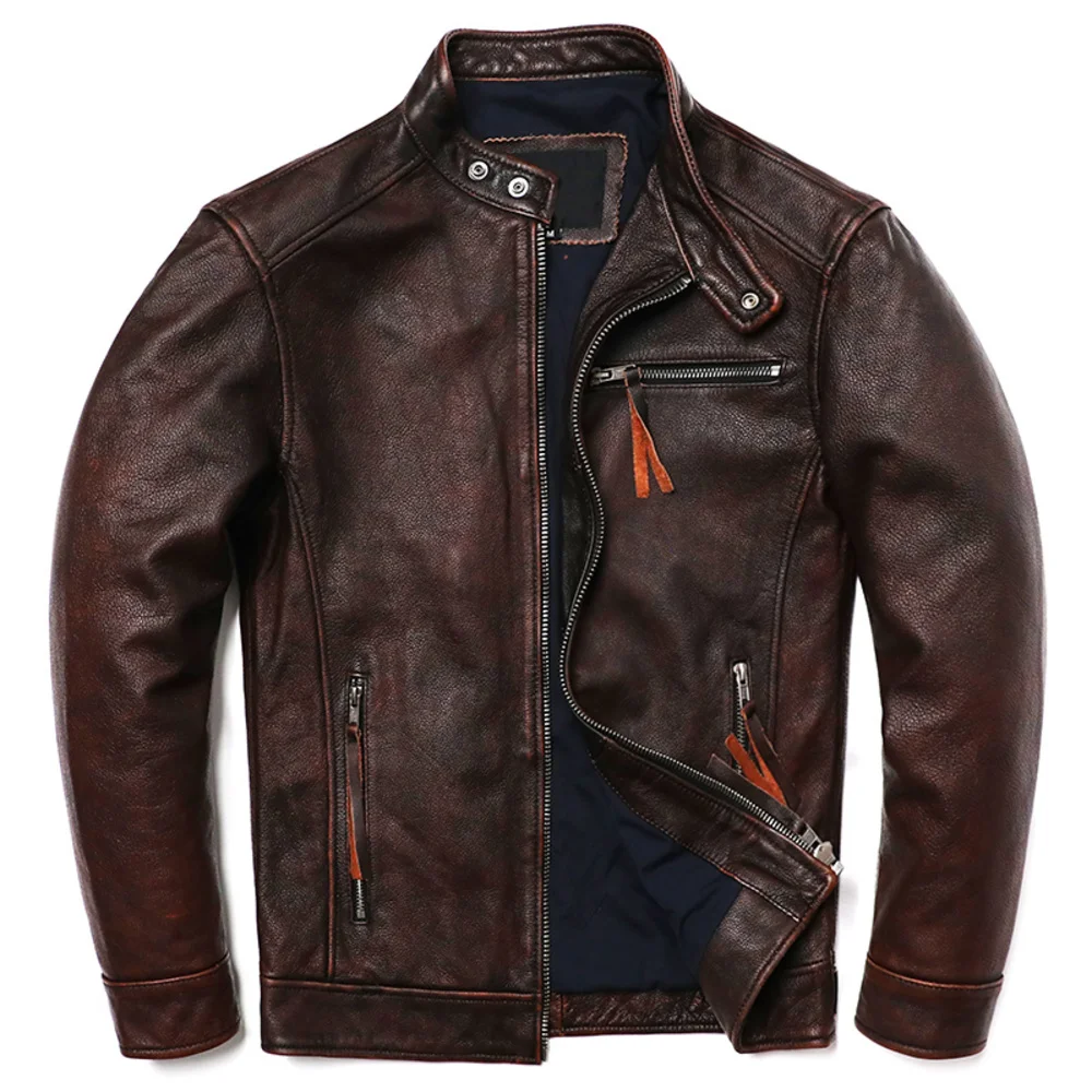 Shipping Free Vintage Brown Style Genuine Leather Men's 100% Natural Cowhide Fashion Clothes Motocyle Biker Slim Jacket