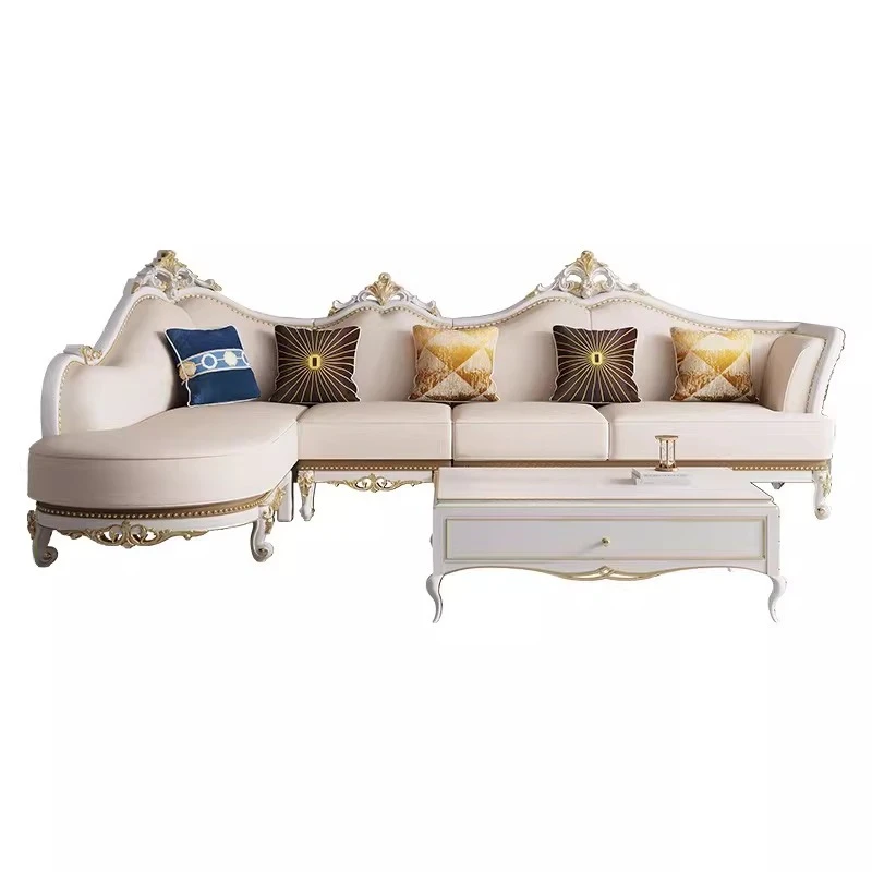 

American light luxury European sofa leather luxury living room solid wood carving flower corner combination princess simple