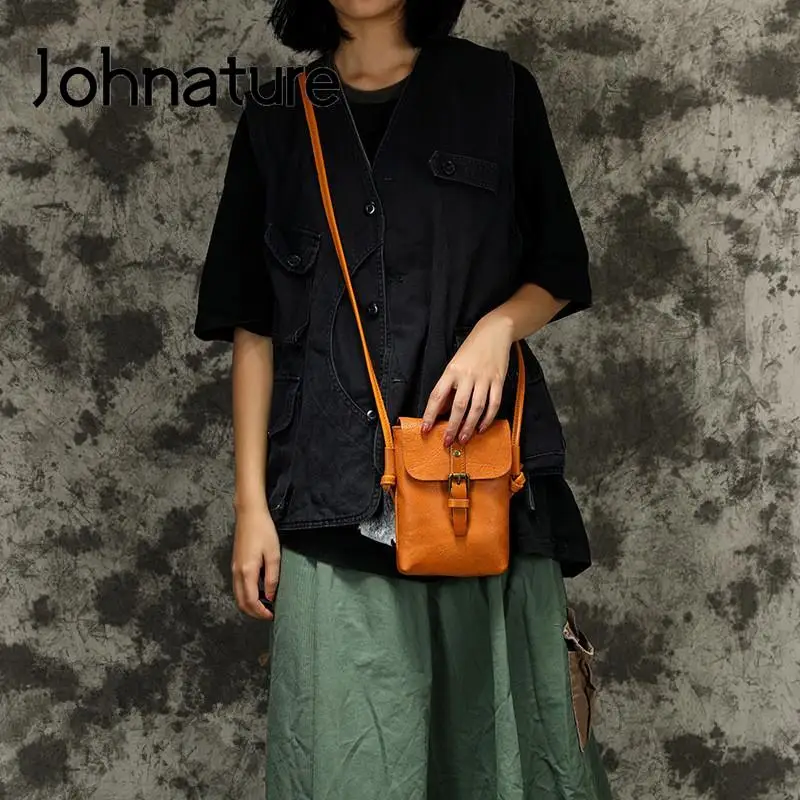 Johnature 2024 New Simple Genuine Leather Women Bag Retro Solid Color Natural Cowhide Mini Phone Bag Leisure Small Shoulder Bags