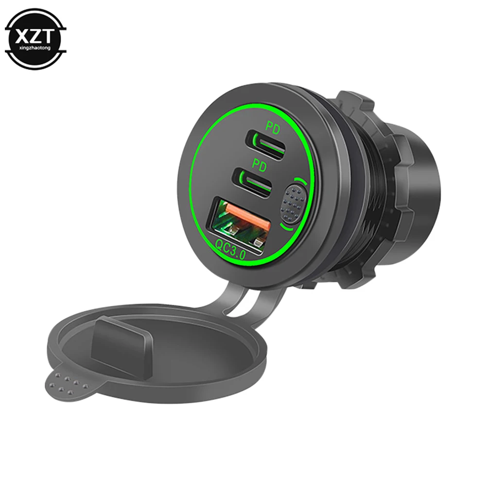 USB C Car Charger Socket 12V/24V Multiple USB Outlet Two 20W PD Type-C USB-C & QC3.0 Ports with Power Switch Fast Car Adapter