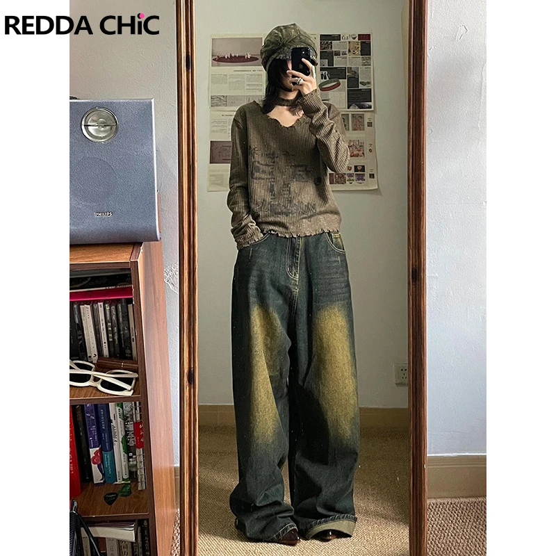 

REDDACHiC Big Size Women Adjust-waist Baggy Jeans Vintage Wash Frayed Do Old Whiskers Loose Wide Denim Pants Casual Y2k Clothes