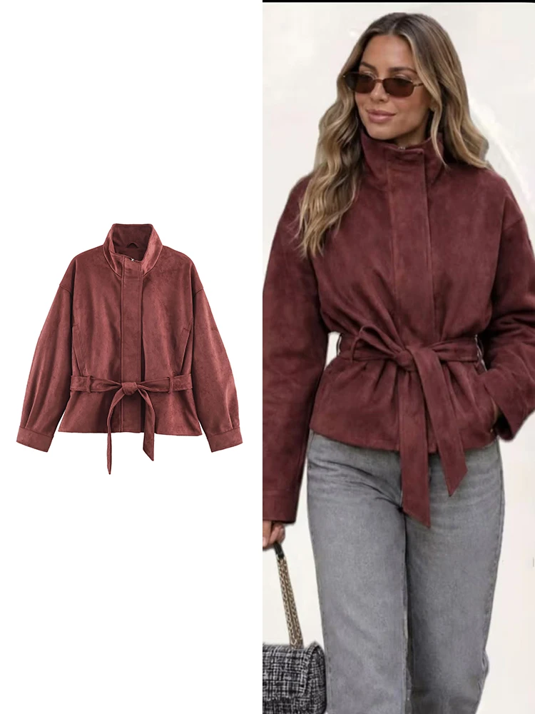 TFMLN 2026 Women Elegant Faux Suede Jacket Wrap Belted Solid Retro Fashion Street Outwear Autumn Chic Female New Clothing