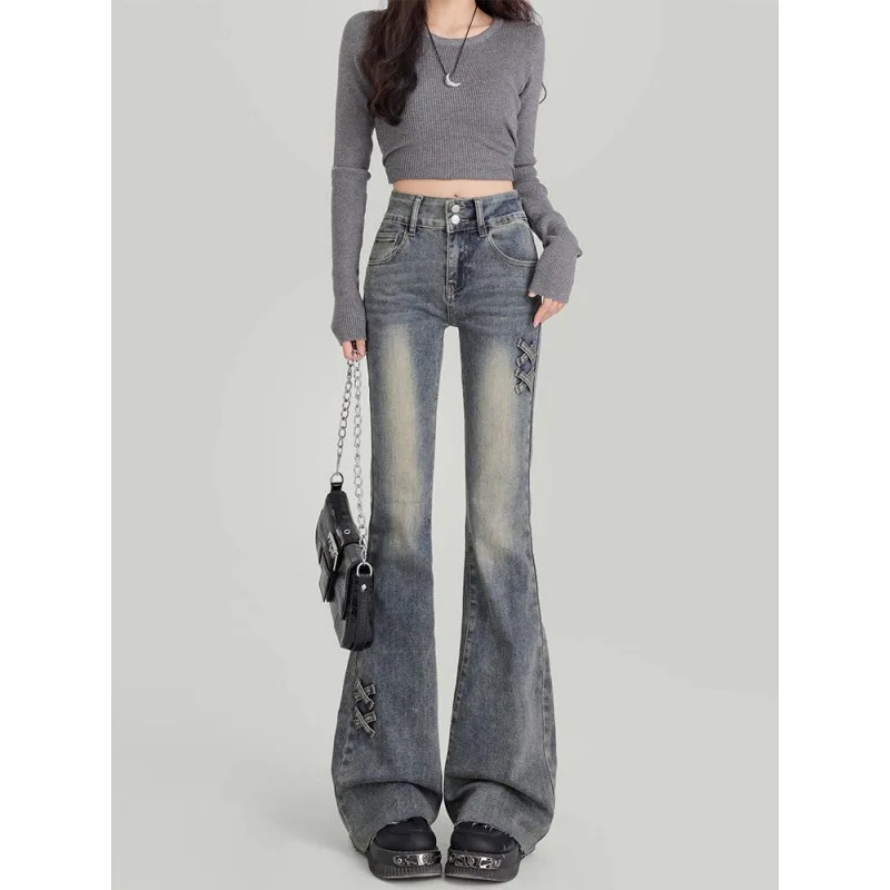 

Retro Micro Flared Jeans for Women's Spring and Autumn 2025 High Waisted New Slim Fit Butterfly Tie Elastic Floor Pants