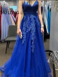 MULONG Royal Blue Long Prom Dresses  V-Neck Net Evening Dresses Sexy Elegant Party Dresses For Women A-line Dresses Gala