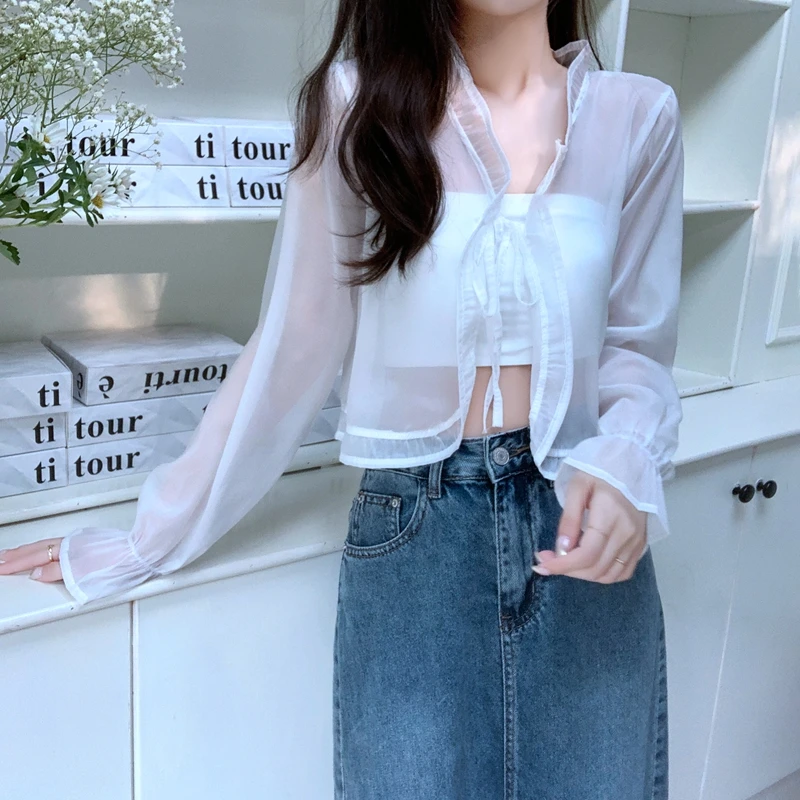 Trumpet Sleeve Ruffled V-neck Tie Breathable Chiffon Ladies Cardigan Sexy Vacation Beach Blouse Powder Cool Women's Jacket