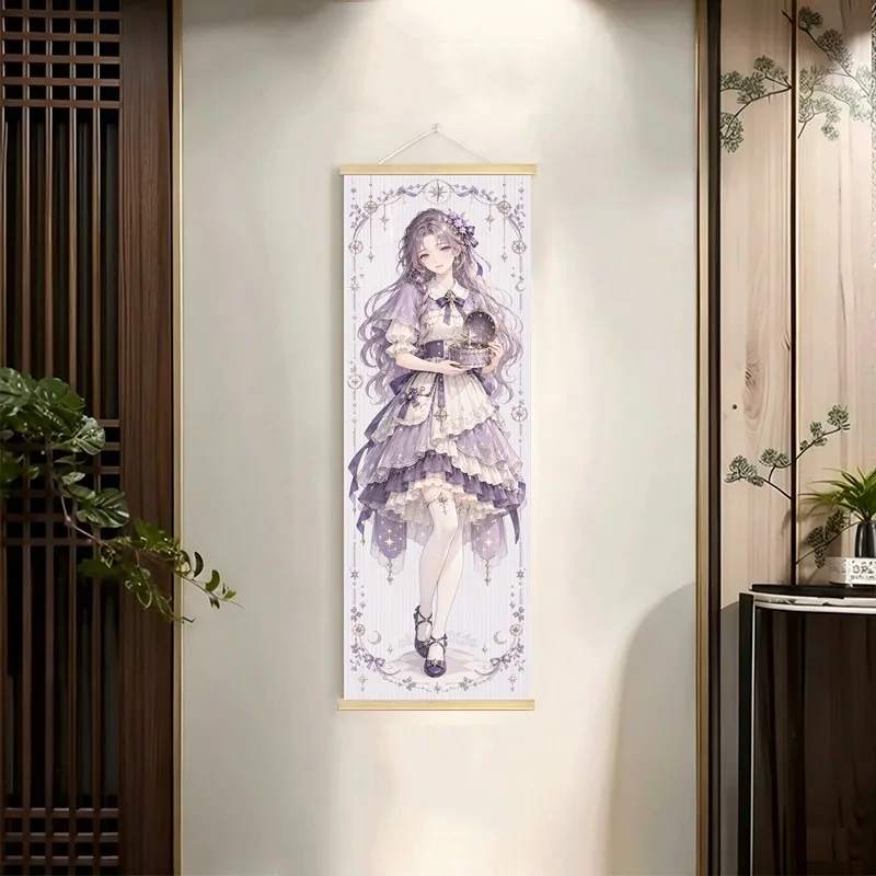 Anime Girls Hanging Scroll with Navy, Yellow, Green and Rose Dresses in a Delicate Floral Illustration Style for a Bedroom