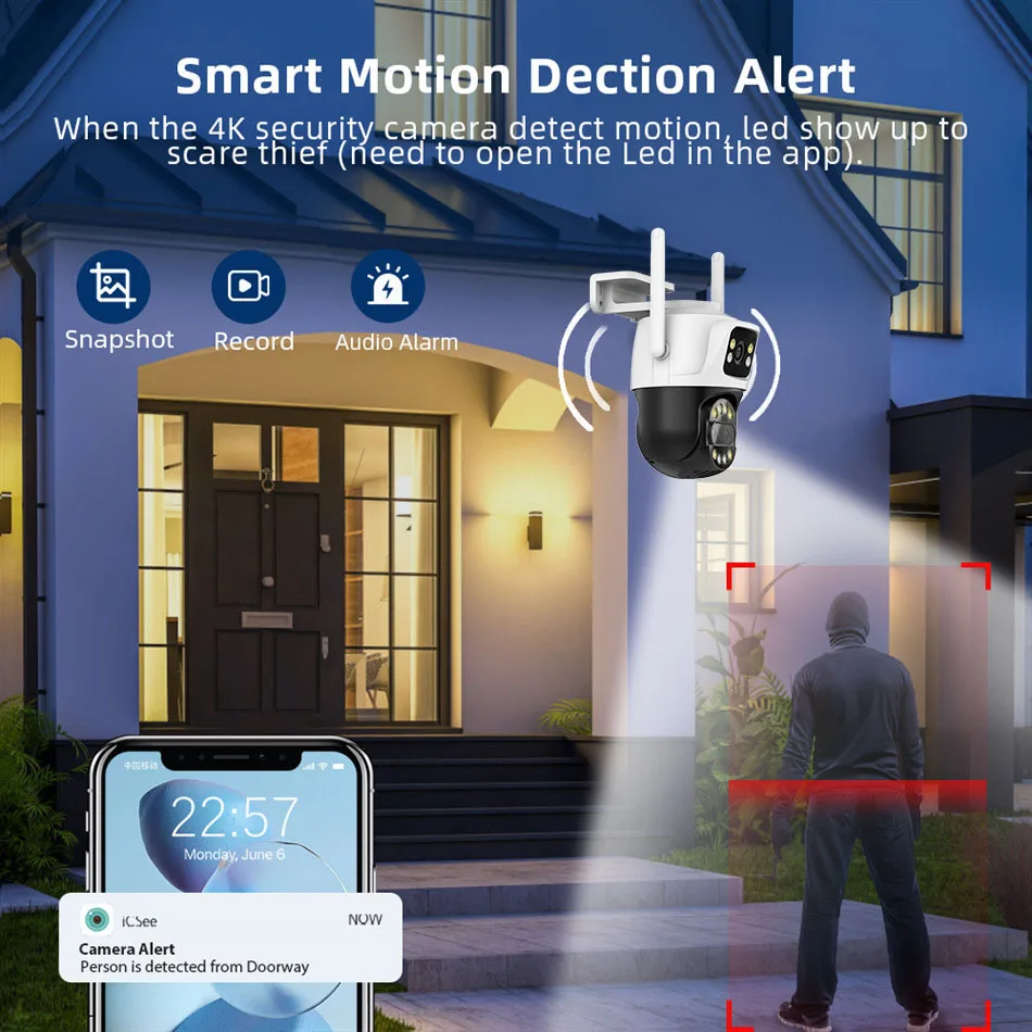 كاميرا Uzoom 12MP 6K WiFi مع تكبير 8X 3 عدسات شاشة مزدوجة كشف الإنسان تتبع تلقائي CCTV للمراقبة الأمنية الخارجية