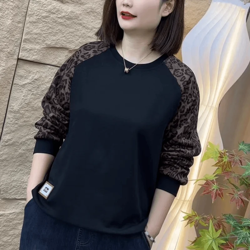 

Модная свободная повседневная рубашка с круглым вырезом и леопардовым принтом, осень-зима, новая модная свободная повседневная нижняя рубашка, уменьшающая возраст