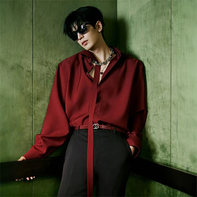 

Red Silk irt Men's Long Sve Velvet oulder Pad irt Coat Youth Sle Regular Length Inner Wear Pure Color Spring Season