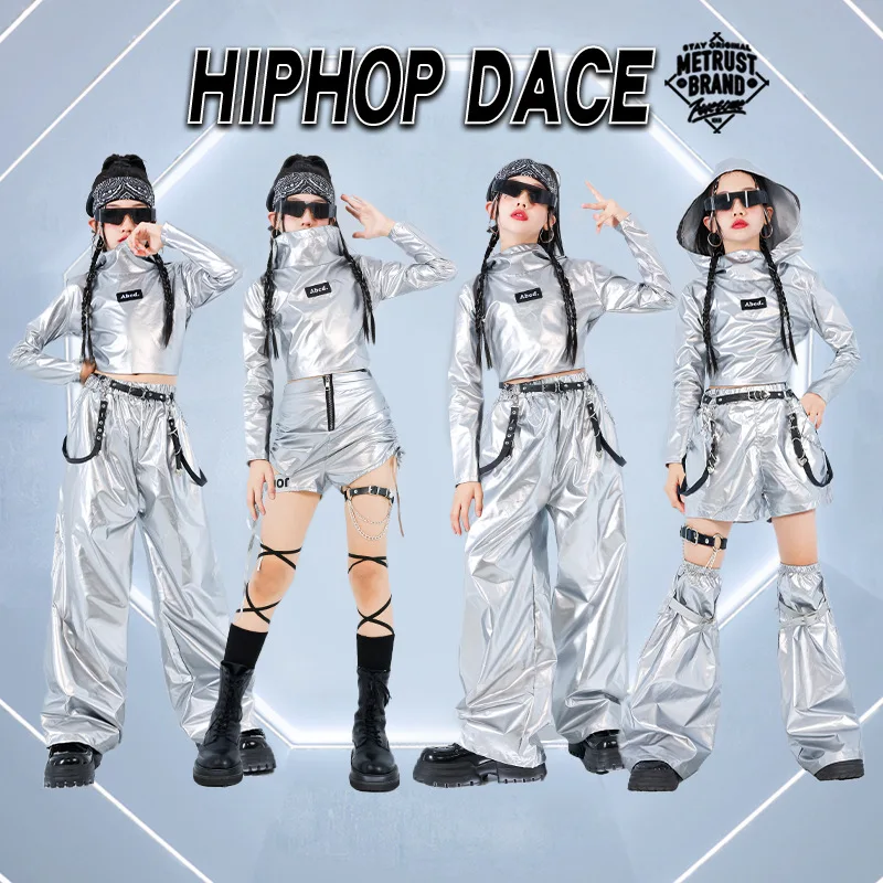 Girls K-pop Silver Crop Hoodies Shiny Cargo Pants Street Dance Shorts Kids Hip Hop Streetwear Children Jazz Hi Tech Clothes Sets