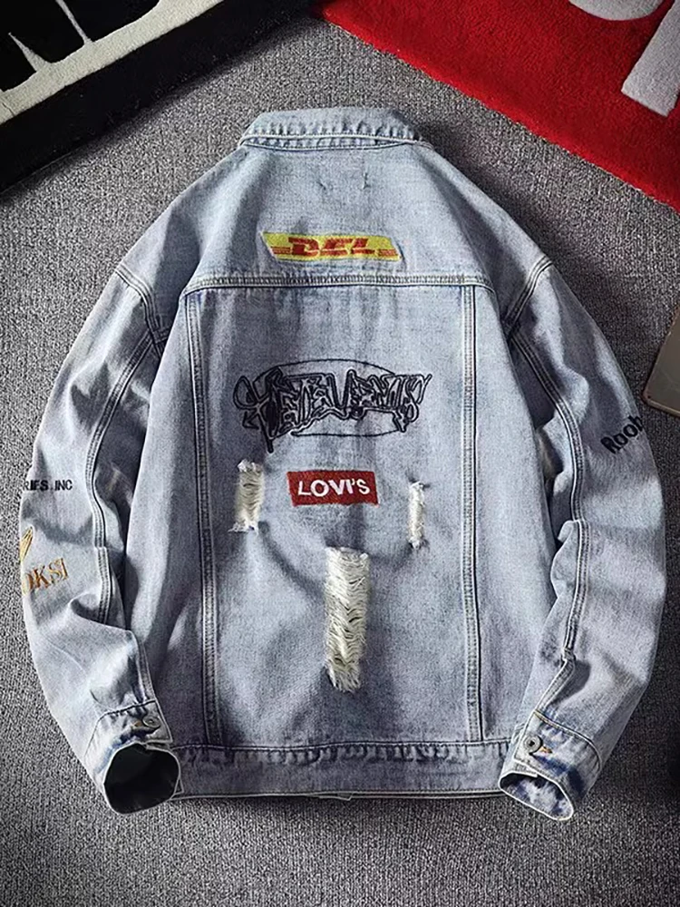 

Retro Waed Denim Jaet for Men Spring Autumn Trendy Brand Versatile Hole Jaet Youthful Sle Stand Fit Multi ket