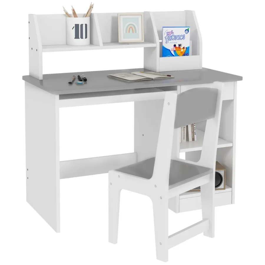 Qaba Desk and Chair Set with Storage Study Desk with Chair for 5-8 Years Old Gray