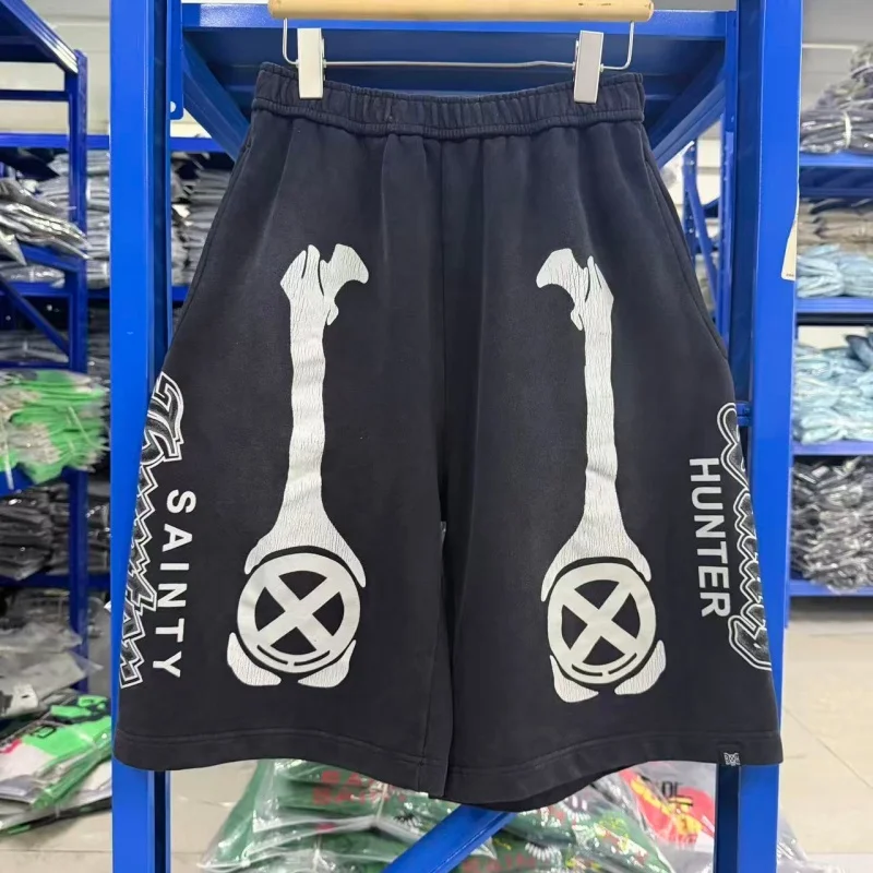 Men Vintage Washed Black Shorts Gothic Skeleton Print Loose Fit Streetwear Pants