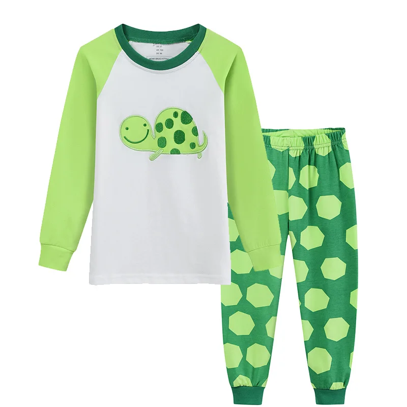 Little Hand Boys Crew Neck Pajama Set Turtle Applique Design Raglan Sleeve Top Full Length Pants Soft Nightwear for 2‑7 YearsOld