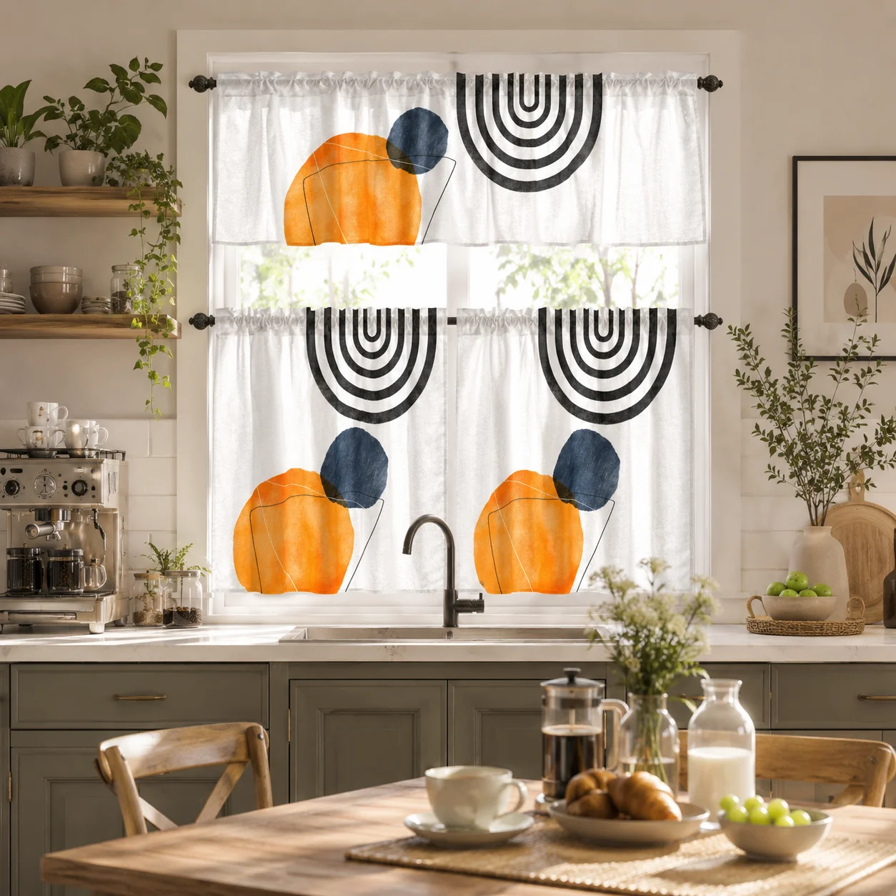 3 Piece Kitchen Curtains and Valances Set Boho Abstract Cafe Curtains 24 Inch Length Farmhouse Orange Color Block Geometric